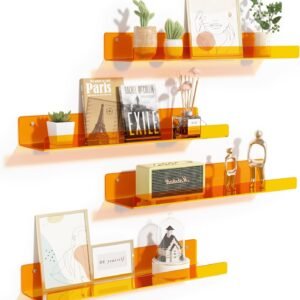 upsimples 4 Pack Acrylic Shelves for Wall Storage, 15" Floating Bookshelves for Kids, Display Shelf Organizer for Bathroom, Bedroom, Living Room, Kitchen, Room Decor, Clear