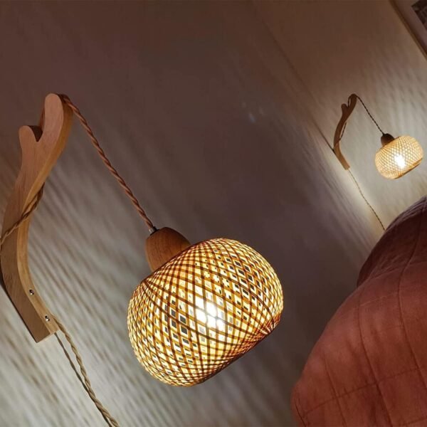 719EqLg9cLL._AC_SL1500.jpg Frideko Bamboo Lantern Plug in Wall Sconces Wicker Wall Lamp with Plug in Cord Hand Woven Rattan Wall Light Farmhouse Rustic Wall Sconces Boho Sconces Wall Lighting for Living Room Bedroom