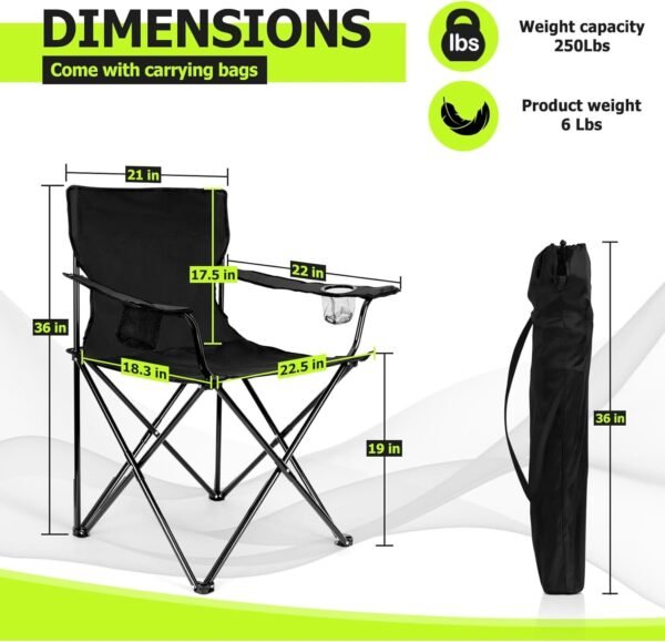 Joyfair Portable Camping Chair, Large Outdoor Folding Chair for Adults, 600D Oxford Fabric Sturdy Foldable Chair for Beach, Fishing, Picnic Lawn and More Outdoor Sports, Carry Bag & Cup Holders, Black