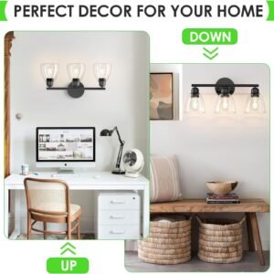 FOLKSMATE 3-Light Bathroom Light Fixtures, Matte Black Modern Vanity Lights, Sconces Wall Lighting with Clear Glass Shade, Wall Mount Lights Wall Lamp
