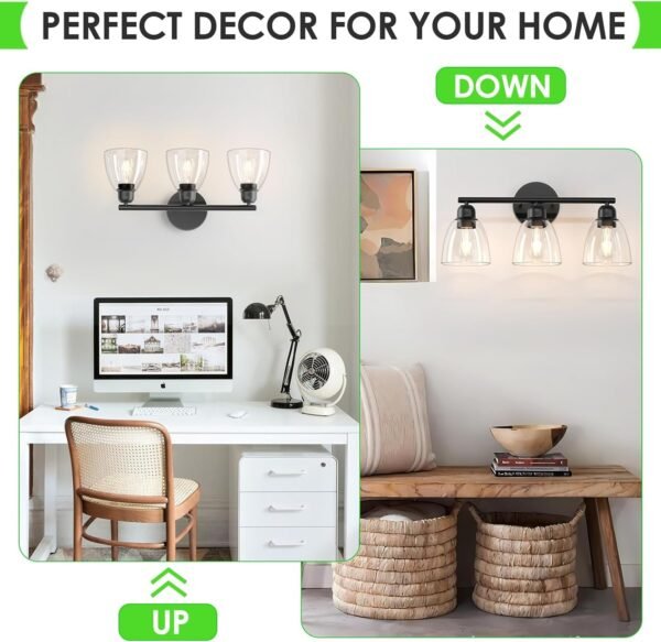 FOLKSMATE 3-Light Bathroom Light Fixtures, Matte Black Modern Vanity Lights, Sconces Wall Lighting with Clear Glass Shade, Wall Mount Lights Wall Lamp