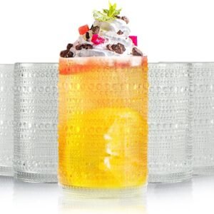 Highball Hobnail Drinking Glasses Set of 6,14 oz Vintage Glasses Drinking set,Glassware Set for Beer, Whiskey, Juice, Cocktail, Milk，Dishwasher Safe，Gift box packaging（Dark blue）