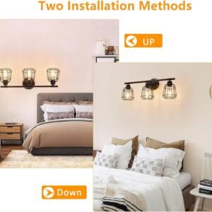 Elibbren 3-Light Bathroom Vanity Light Fixtures Over Mirror, Matte Black Bathroom Lighting Fixtures with Cage, E26 Base Farmhouse Wall Sconces for Bedroom Cabinets Living Room, UL Listed