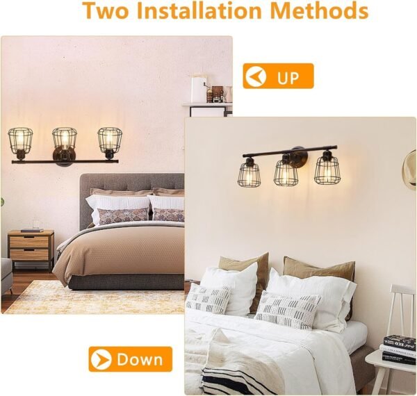 Elibbren 3-Light Bathroom Vanity Light Fixtures Over Mirror, Matte Black Bathroom Lighting Fixtures with Cage, E26 Base Farmhouse Wall Sconces for Bedroom Cabinets Living Room, UL Listed