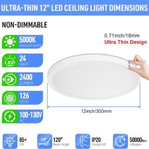 SunRider LED Flush Mount Ceiling Light Fixture, 5000K Daylight White, 2400LM, 12 Inch 24W White Round Flat Ceiling Lights, 240W Equiv. Non-Dimmable