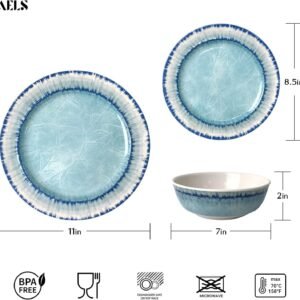 71AbQ7iXQkL._AC_SL1500.jpg AELS Melamine Dinnerware Set of 12 Pcs Dinner Dishes Set for Indoor and Outdoor Use, Dishwasher Safe, Lightweight Unbreakable, BPA Free, Light Blue