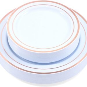 71AiBCVDg8L._AC_SL1500.jpg 60-Piece Plastic Plates Set Premium 30 Dinner Plates & 30 Salad Plates Pack, Disposable Plates for Party - White Plastic Wedding Plates with Rose Gold Rim