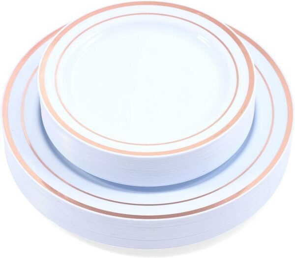 71AiBCVDg8L._AC_SL1500.jpg 60-Piece Plastic Plates Set Premium 30 Dinner Plates & 30 Salad Plates Pack, Disposable Plates for Party - White Plastic Wedding Plates with Rose Gold Rim