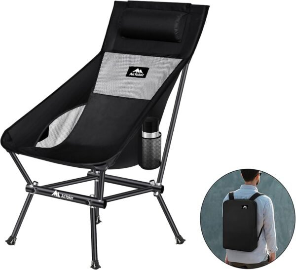 Camping Chair, Compact Backpacking Chair, Portable Folding Chair, Beach Chair with Side Pocket and headrest, Lightweight Hiking Chair 166ZZ-A （Black）