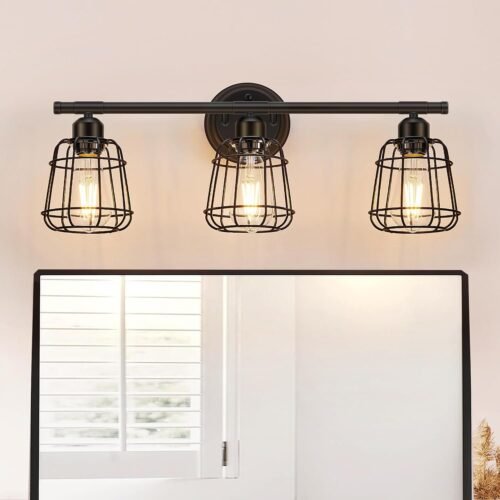 Elibbren 3-Light Bathroom Vanity Light Fixtures Over Mirror, Matte Black Bathroom Lighting Fixtures with Cage, E26 Base Farmhouse Wall Sconces for Bedroom Cabinets Living Room, UL Listed