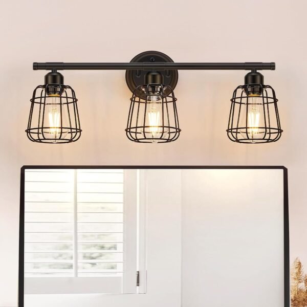 Elibbren 3-Light Bathroom Vanity Light Fixtures Over Mirror, Matte Black Bathroom Lighting Fixtures with Cage, E26 Base Farmhouse Wall Sconces for Bedroom Cabinets Living Room, UL Listed