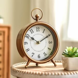 71CtS-zSMhL._AC_SL1500.jpg Vintage Table Clock on Stand, Decorative Desk and Shelf Clock Rustic Mantel Clock Non-Ticking, Metal Frame with Antique Gold Finish