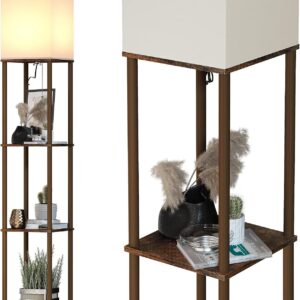 Floor Lamp with Shelves, Modern Square Standing Lamp with 3 Color Temperature Bulb, Corner Display Bookshelf Lamp for Living Room and Bedroom(Black)