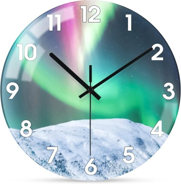12 Inch Modern Wall Clock, Aesthetic Black and Gold Bathroom Decor Accessories, Silent Battery Operated Decorative Aurora Clocks for Living Room/Kitchen/Office/Bedroom (Glass)