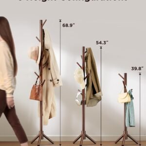 AMADA HOMEFURNISHING Coat Rack Stand, Wooden Coat Rack Freestanding with 8 Hooks, Coat Tree with 3 Height Configurations for Entryway, Hallway, Bedroom, Office, AMWCR01