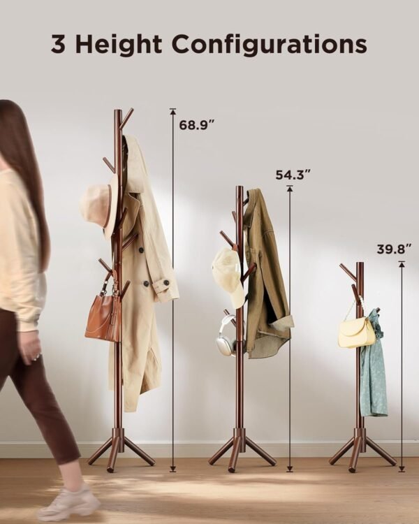 AMADA HOMEFURNISHING Coat Rack Stand, Wooden Coat Rack Freestanding with 8 Hooks, Coat Tree with 3 Height Configurations for Entryway, Hallway, Bedroom, Office, AMWCR01