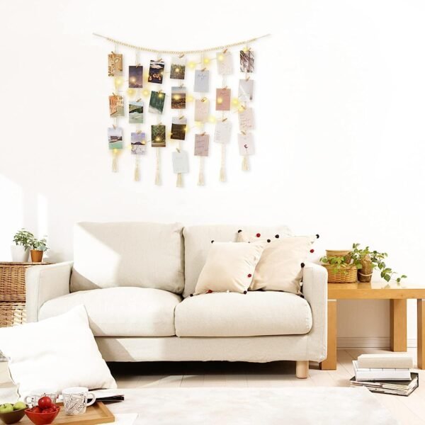 Mkono Macrame Hanging Photo Display Wall Decor with String Lights, Boho Wooden Beads Garland Collage Picture Card Frame Holder with 45 Clips for Bedroom Living Room Dorm, Teen Girl Teenage Gifts