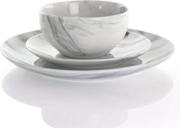 Elama Fine Round Gloss Dinnerware Dish Set, 16 Piece, Black and White Marble