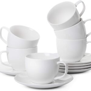 BTaT- White Tea Cups and Saucers, 8oz, Tea Cups Set of 12, Porcelain Tea Cups, White Cup & Saucer Sets, White Tea Cup Set of 12, Tea Cup Sets, Bulk Tea Cups and Saucers Set of 12, Tea Cups and Sets