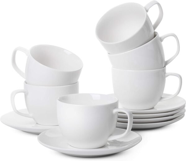 BTaT- White Tea Cups and Saucers, 8oz, Tea Cups Set of 12, Porcelain Tea Cups, White Cup & Saucer Sets, White Tea Cup Set of 12, Tea Cup Sets, Bulk Tea Cups and Saucers Set of 12, Tea Cups and Sets