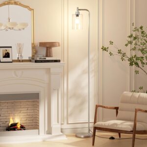 Industrial Floor Lamp with Glass Shade - Black, LED Bulbs, Foot Pedal Switch, Easy Assembly