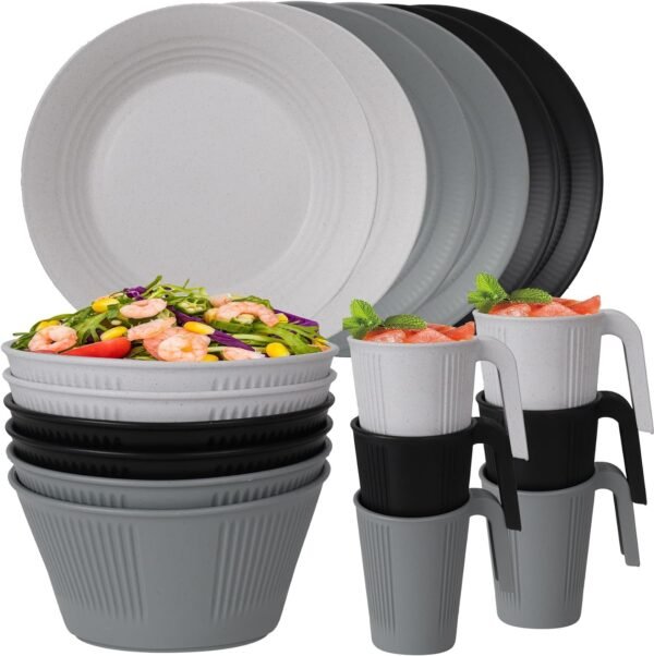 71ISsajHCPL._AC_SL1500.jpg 48 Pcs Dinnerware Sets, Unbreakable Plates and Bowls Sets, Reusable Dinnerware Sets for 4 People, Travel Camping Picnic Home Party Cutlery Set, Dishwasher Microwave Safe Dishes