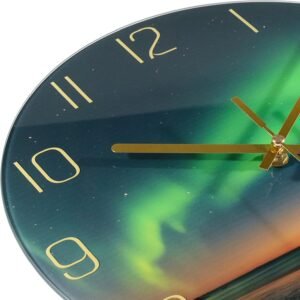 12 Inch Modern Wall Clock, Aesthetic Black and Gold Bathroom Decor Accessories, Silent Battery Operated Decorative Aurora Clocks for Living Room/Kitchen/Office/Bedroom (Glass)