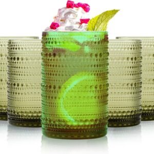 Highball Hobnail Drinking Glasses Set of 6,14 oz Vintage Glasses Drinking set,Glassware Set for Beer, Whiskey, Juice, Cocktail, Milk，Dishwasher Safe，Gift box packaging（Dark blue）