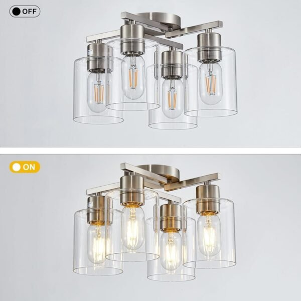 4 Light Semi Flush Mount Ceiling Lights, Modern Brushed Nickel Ceiling Light Fixtures, Light Fixtures Ceiling Mount with Clear Glass Shade for Kitchen, Dining Room, Farmhouse, Foyer, Bedroom