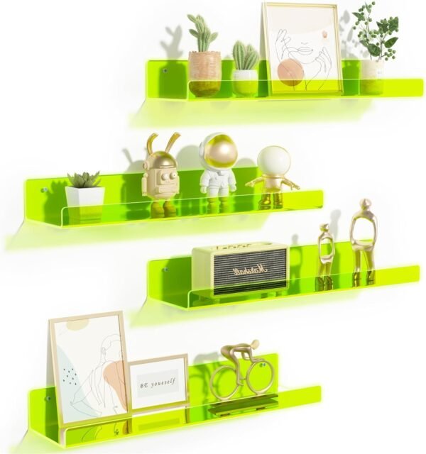 upsimples 4 Pack Acrylic Shelves for Wall Storage, 15" Floating Bookshelves for Kids, Display Shelf Organizer for Bathroom, Bedroom, Living Room, Kitchen, Room Decor, Clear