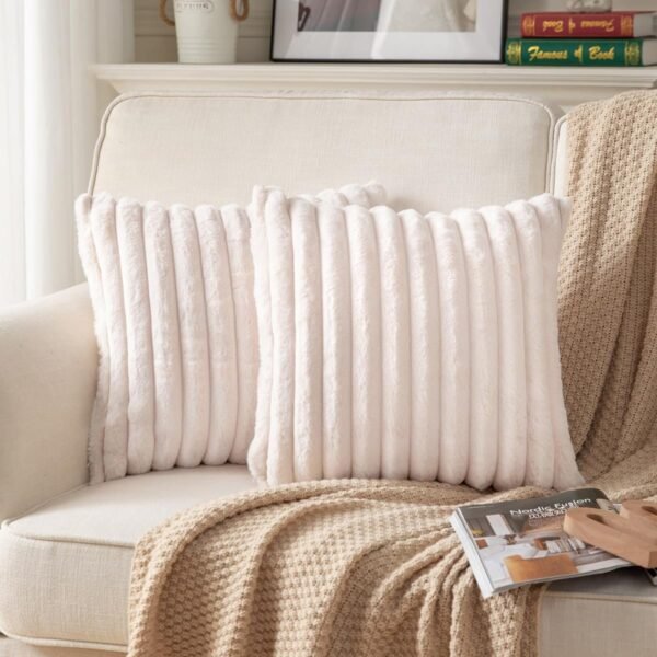 Pack of 2,Double-Sided Faux Fur Plush Decorative Throw Pillow Covers Fuzzy Striped Soft Pillowcase Cushion Covers for Sofa Couch Bedroom White 24x24 inch