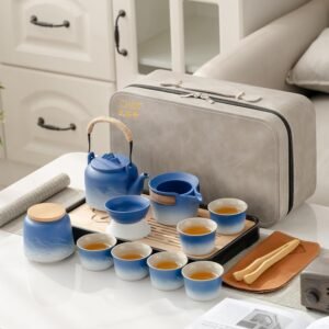 71Kb4FCvlnL._AC_SL1500.jpg Asian tea set |Kungfu tea sets |Ceramic Portable tea set |tea sets for adult |13-piece withgrey leather case |Tea set gift for Home, Outdoor, Business (Ceramic-Black teaset)