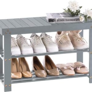 Apicizon Bamboo Shoe Rack for Entryway, 3-Tier Shoe Rack Bench for Front Indoor Entrance, Small Shoe Organizer with Storage, 35.4 Inches, Black