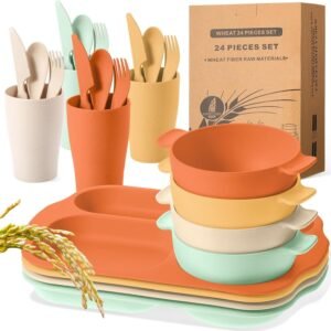 24 Pcs Wheat Straw Dinnerware Cutlery Sets, Kids Toddlers Divided Plates Unbreakable Bowl Microwave Dishwasher Safe Tableware Cutlery Spoon Knife Fork Cup (Orange, Yellow, Beige, Green)