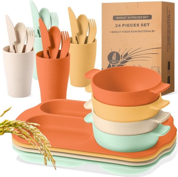 24 Pcs Wheat Straw Dinnerware Cutlery Sets, Kids Toddlers Divided Plates Unbreakable Bowl Microwave Dishwasher Safe Tableware Cutlery Spoon Knife Fork Cup (Orange, Yellow, Beige, Green)