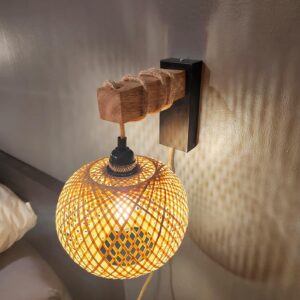 Rattan Wall Sconces Set of Two Plug in,Farmhouse Plug in Wall Sconces Hand Woven Bamboo Wall Light Fixtures with Switch,Rustic Black Wall Sconce Light Plug in Wall Lamp for Living Room Bedroom