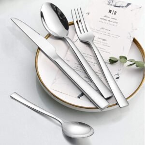 Silverware Set for 12, CXJY 60-Piece Stainless Steel Flatware Cutlery Set, Square Edge Kitchen Utensil Include Knives/Forks/Spoons, Tableware for Home/Hotel, Mirror Polished Dishwasher Safe