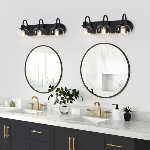 71NEbrL7GiL._AC_SL1500.jpg Bathroom Vanity Light,Modern 3-Light Bathroom Lighting Fixtures Over Mirror with Clear Glass Shade and Metal Base,Matte Black Bathroom Lighting