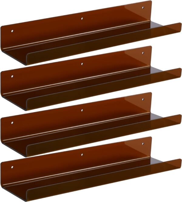 upsimples 4 Pack Acrylic Shelves for Wall Storage, 15" Floating Bookshelves for Kids, Display Shelf Organizer for Bathroom, Bedroom, Living Room, Kitchen, Room Decor, Clear