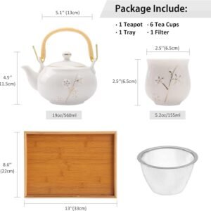 Dujust Japanese White Porcelain Tea Set with 1 Teapot Set, 6 Tea Cups, 1 Tea Tray, 1 Stainless Infuser, Cute Asian Tea Set for Tea Lover/Women/Men (Plum in Golden)
