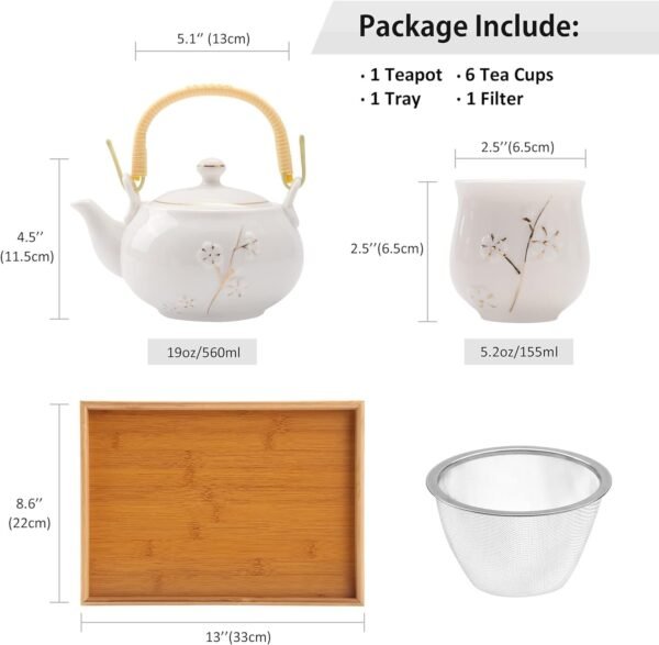 Dujust Japanese White Porcelain Tea Set with 1 Teapot Set, 6 Tea Cups, 1 Tea Tray, 1 Stainless Infuser, Cute Asian Tea Set for Tea Lover/Women/Men (Plum in Golden)