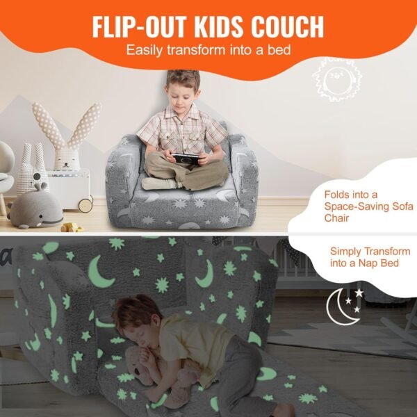 Out Kids Sofa, Glow-in-The-Dark Kids Couch Chair, 2-in-1 Children Convertible Sofa to Lounger, Extra Soft Flip-Out Toddler Couch for Siting and Sleeping, for Bedroom and Playroom