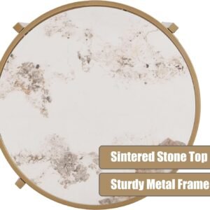 Modern Round Sofa Side Table for Living Room, Gold Small Coffee Table with Sintered Stone Top, Metal Frame, Easy Upkeep and Install, 20.7" W High-Temperature End Table