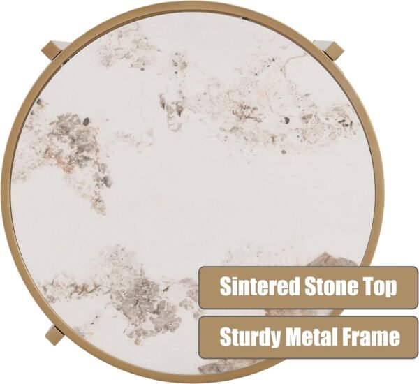Modern Round Sofa Side Table for Living Room, Gold Small Coffee Table with Sintered Stone Top, Metal Frame, Easy Upkeep and Install, 20.7" W High-Temperature End Table