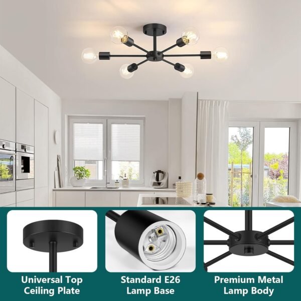 71Oq4OU2oFL._AC_SL1500.jpg 6-Lights Semi Flush Mount Ceiling Light, Matte Black Close to Ceiling Lighting with E26 Base, Modern Sputnik Light Fixtures for Kitchen Dining Room Bedroom Living Room