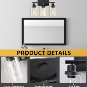 Bathroom Light Fixtures, 3-Light Bathroom Vanity Light, Matte Black Vanity Light with Clear Glass Shade, Modern Bathroom Lights Over Mirror, Vanity Lighting Fixtures for Bathroom, Living Room, Hallway