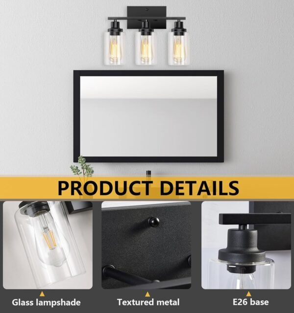 Bathroom Light Fixtures, 3-Light Bathroom Vanity Light, Matte Black Vanity Light with Clear Glass Shade, Modern Bathroom Lights Over Mirror, Vanity Lighting Fixtures for Bathroom, Living Room, Hallway