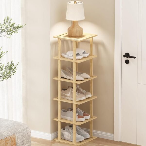 6 Tier Narrow Shoe Rack, Small Stackable Shoe Stand, Space Saving Furniture Shoe Storage Organizer for Entryway, Closet, Vertical Shoe Tower Rack