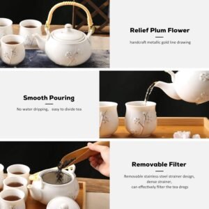 Dujust Japanese White Porcelain Tea Set with 1 Teapot Set, 6 Tea Cups, 1 Tea Tray, 1 Stainless Infuser, Cute Asian Tea Set for Tea Lover/Women/Men (Plum in Golden)