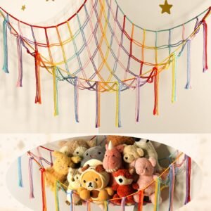 Large Stuffed Animal Hammock Corner Net for Toys Storage Hanging Stuff Animal Organizer Holder Pink Girls Living Room Bedroom Boho Nursery Dorm Decor